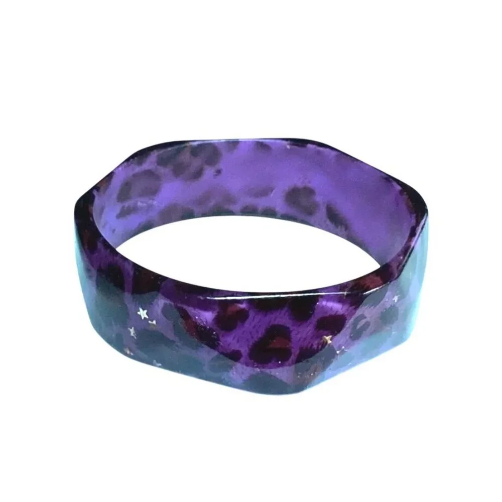 Purple Y2K faceted Lucite Bangle Bracelet Leopard Print Holo Star Confetti - Picture 4 of 8